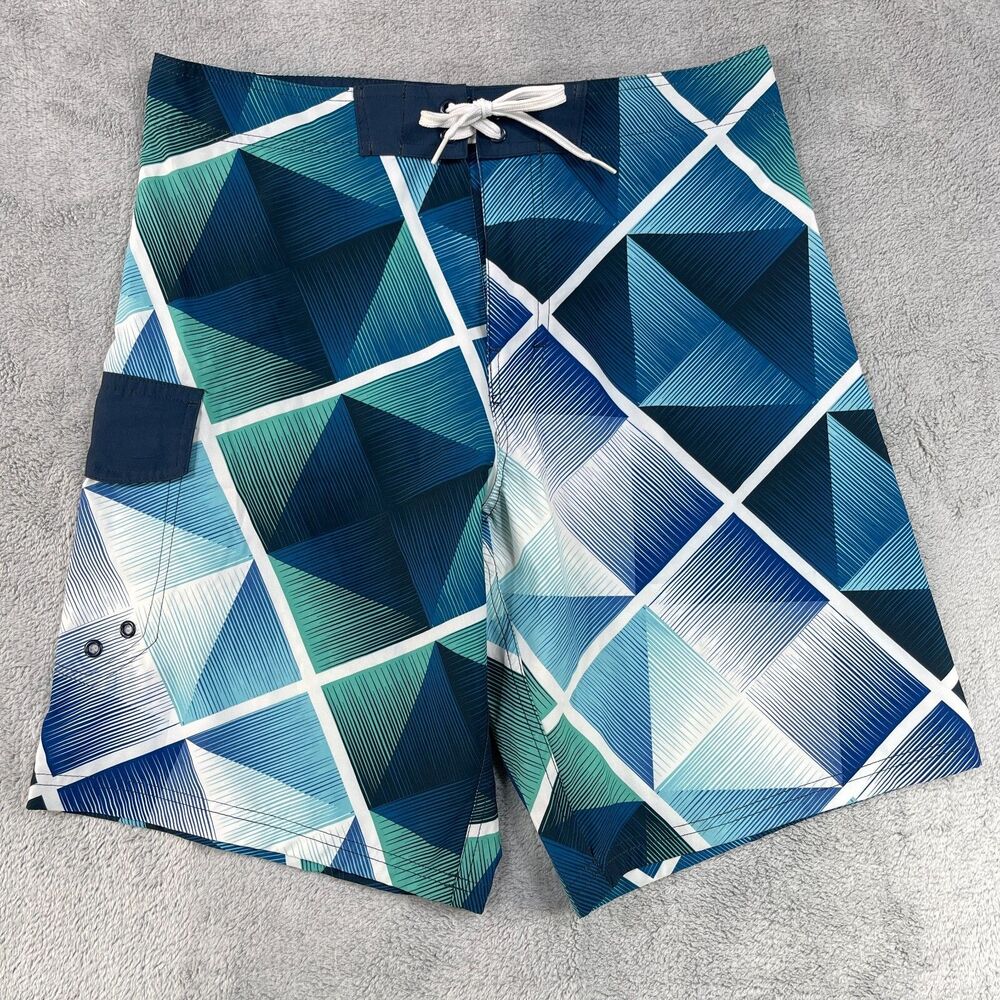 Joe Boxer Swim Shorts Mens 30 Blue Green Geometric Stretch Pockets Drawstring